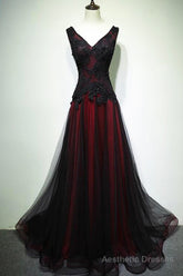 Black and Red V-Neck Tulle Long Prom Dress, Lace Evening Dress